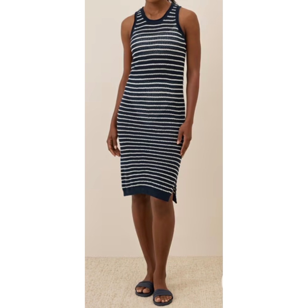 Pact Organic Cotton Beachside Striped Crochet Midi Knit Cover Up Navy White L